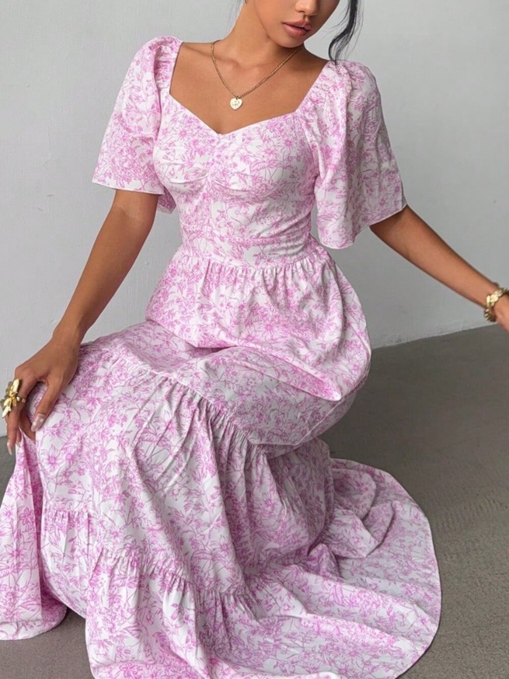 Pink Boho Women's Short Sleeve Beach Ditsy Floral Maxi Dress - Picture 6 of 6